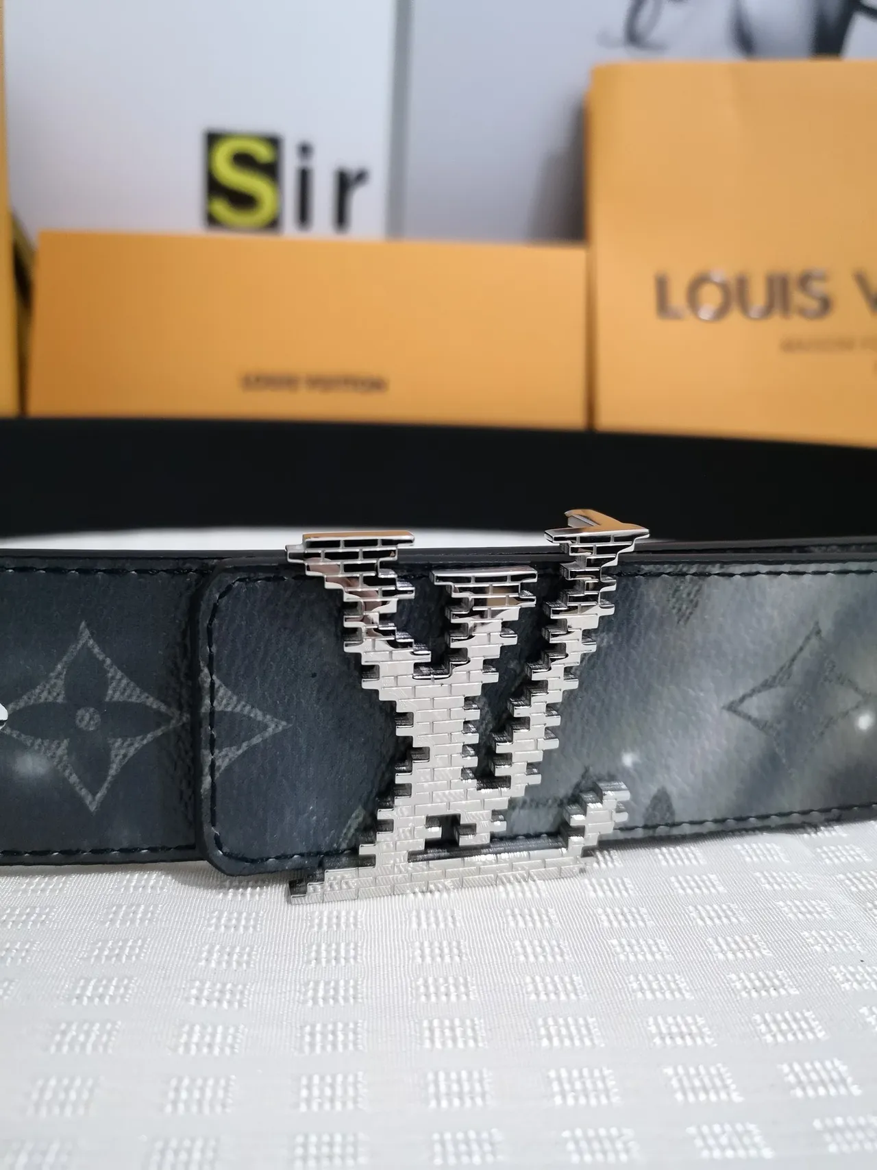 Louis Vuitton Black Gray Monogram-Coated Pixelated Metallic Buckle Leather Belt 3
