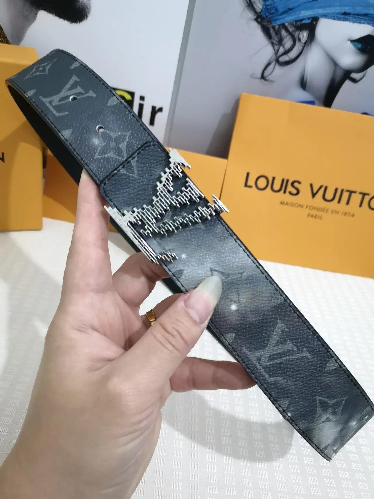 Louis Vuitton Black Gray Monogram-Coated Pixelated Metallic Buckle Leather Belt 4