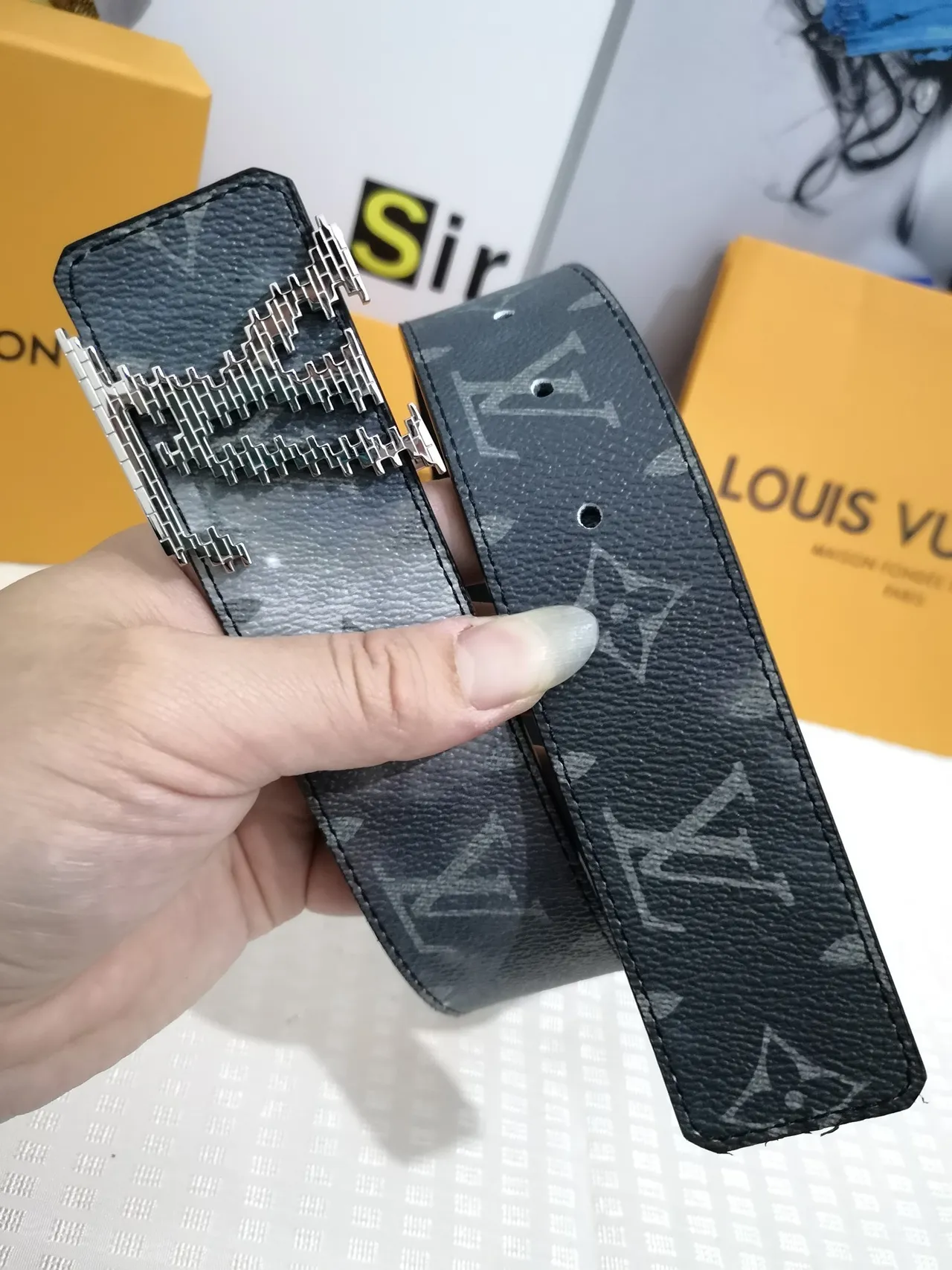 Louis Vuitton Black Gray Monogram-Coated Pixelated Metallic Buckle Leather Belt 5