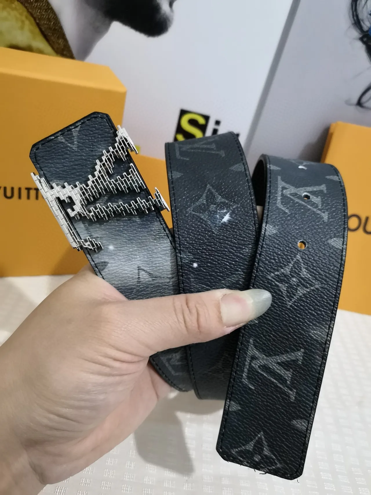Louis Vuitton Black Gray Monogram-Coated Pixelated Metallic Buckle Leather Belt 6