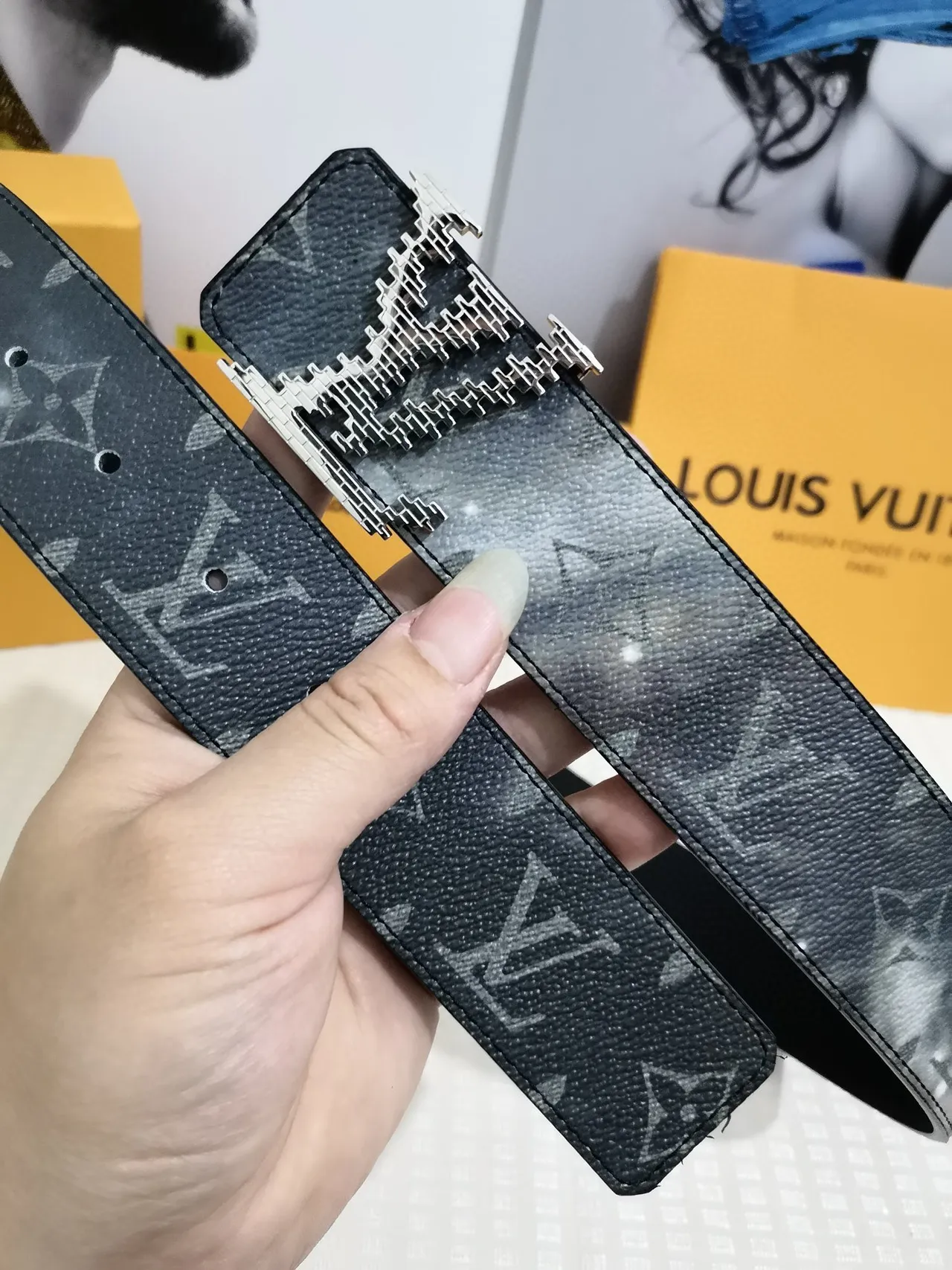 Louis Vuitton Black Gray Monogram-Coated Pixelated Metallic Buckle Leather Belt 7