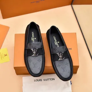 路易威登黑色灰色印花皮革金属LV扣带乐福鞋