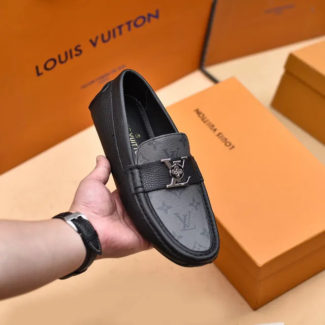 Louis Vuitton Black Gray Monogrammed Leather Metal LV Buckle Strap Loafer 7