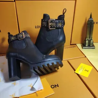 Louis Vuitton Black Monogram Buckle Strap Chunky Lug Sole Ankle Boots