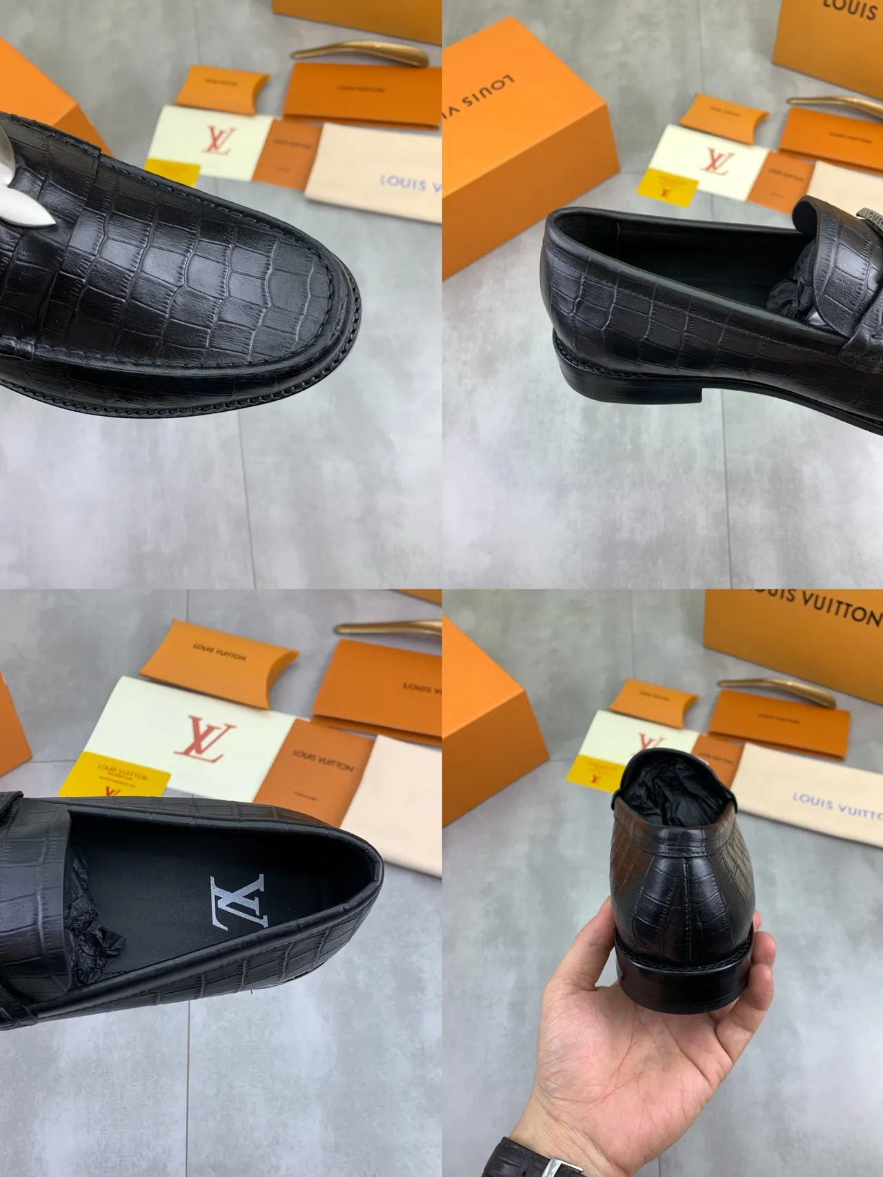 Louis Vuitton Black Silver Crocodile-Embossed Leather Metal Flower Buckle Loafer 3