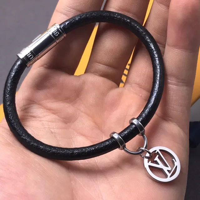 Louis Vuitton Black Silver Leather Cord Magnetic Clasp Bracelet 4