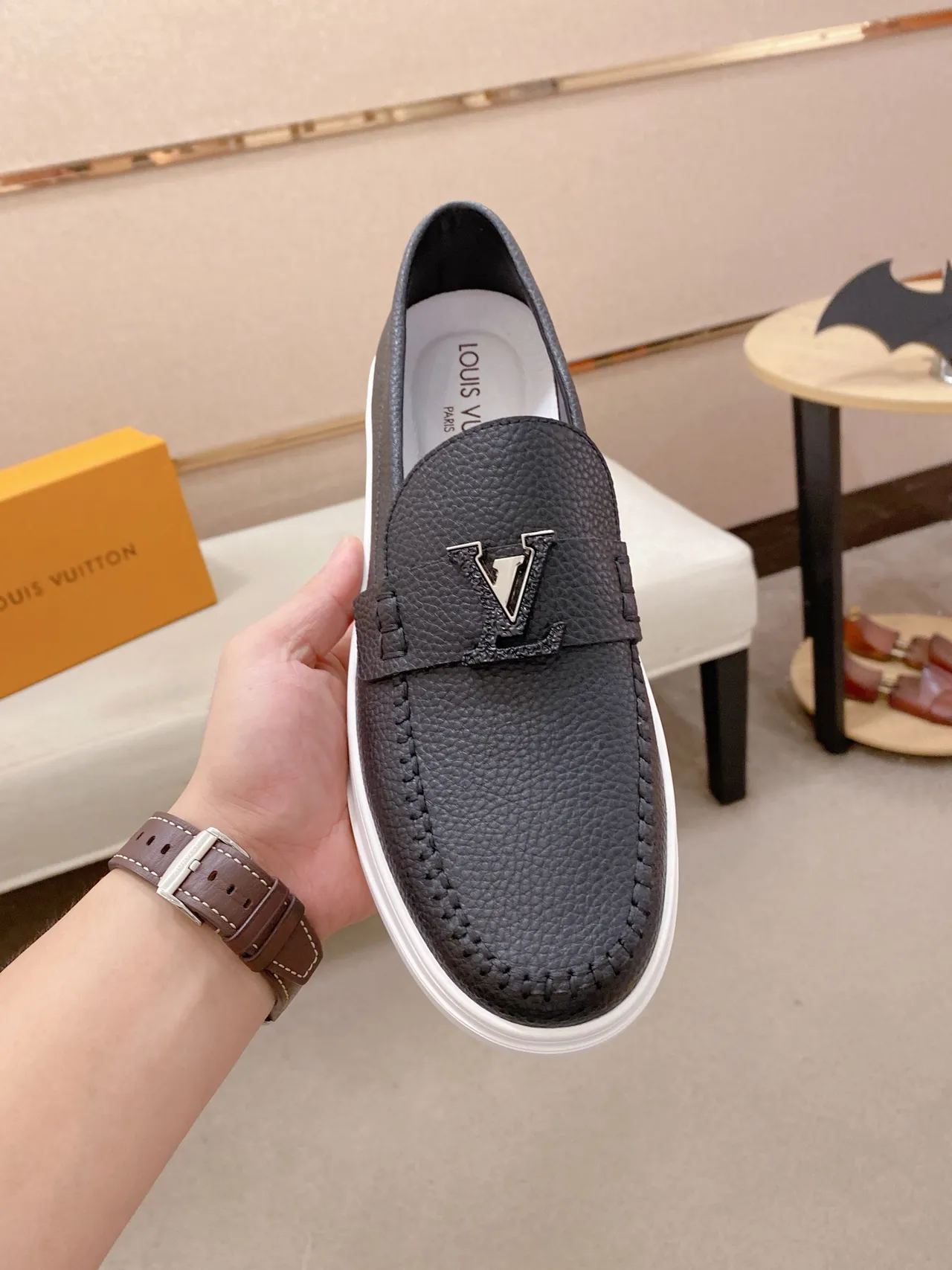 Louis Vuitton Black White Pebbled Leather Platform Sole Loafer 6