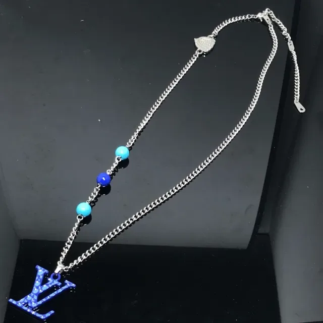 Louis Vuitton Blue Silver Enamel Monogram Pendant Curb Chain Necklace 2
