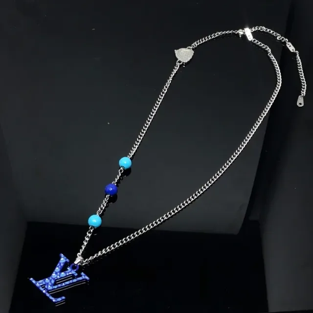 Louis Vuitton Blue Silver Enamel Monogram Pendant Curb Chain Necklace 3