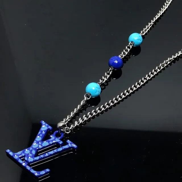 Louis Vuitton Blue Silver Enamel Monogram Pendant Curb Chain Necklace 4