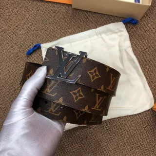Louis Vuitton Brown Beige Monogram-Coated Canvas Polished Interlocking LV Buckle Leather Belt