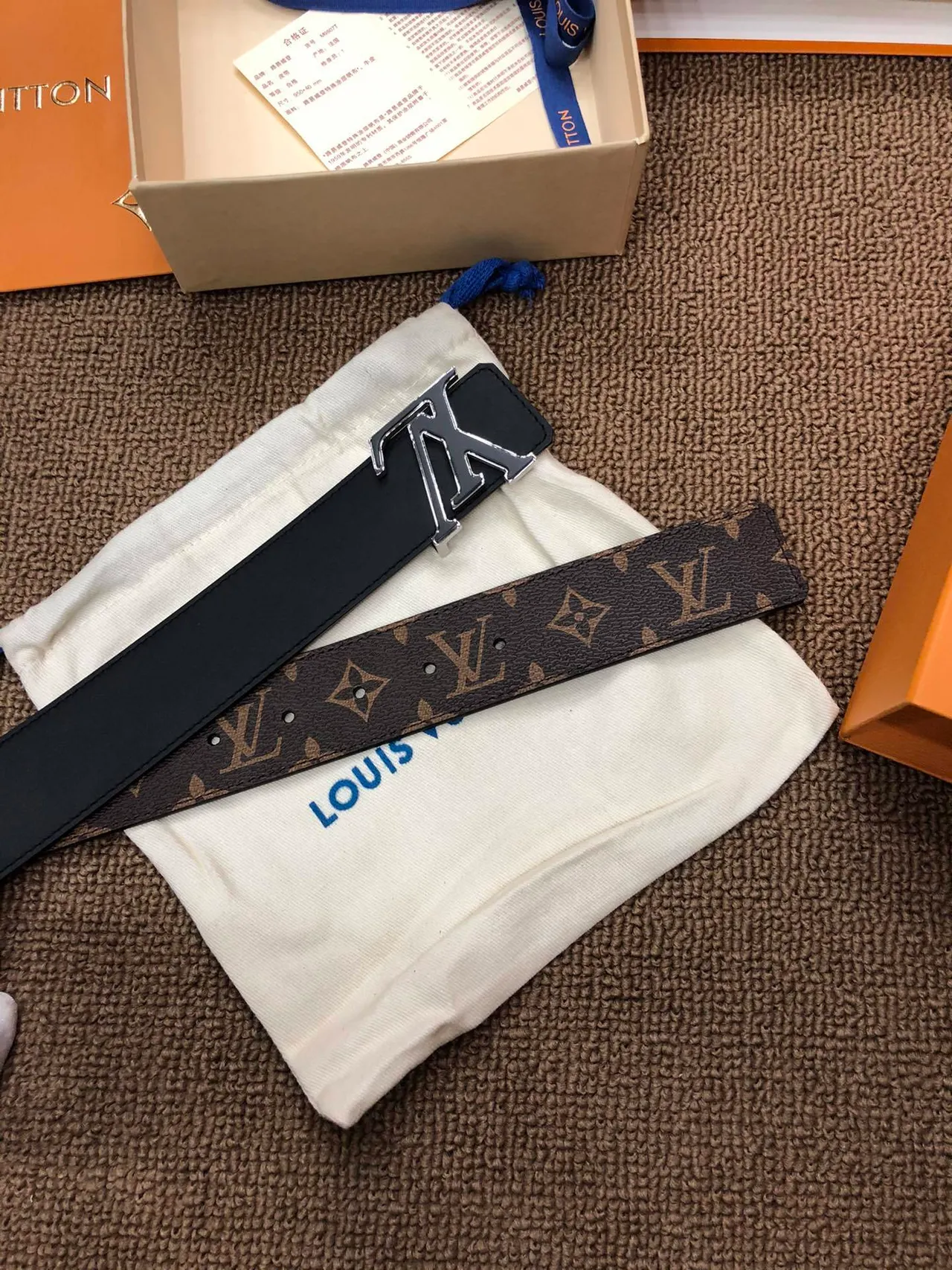 Louis Vuitton Brown Beige Monogram-Coated Canvas Polished Interlocking LV Buckle Leather Belt 2