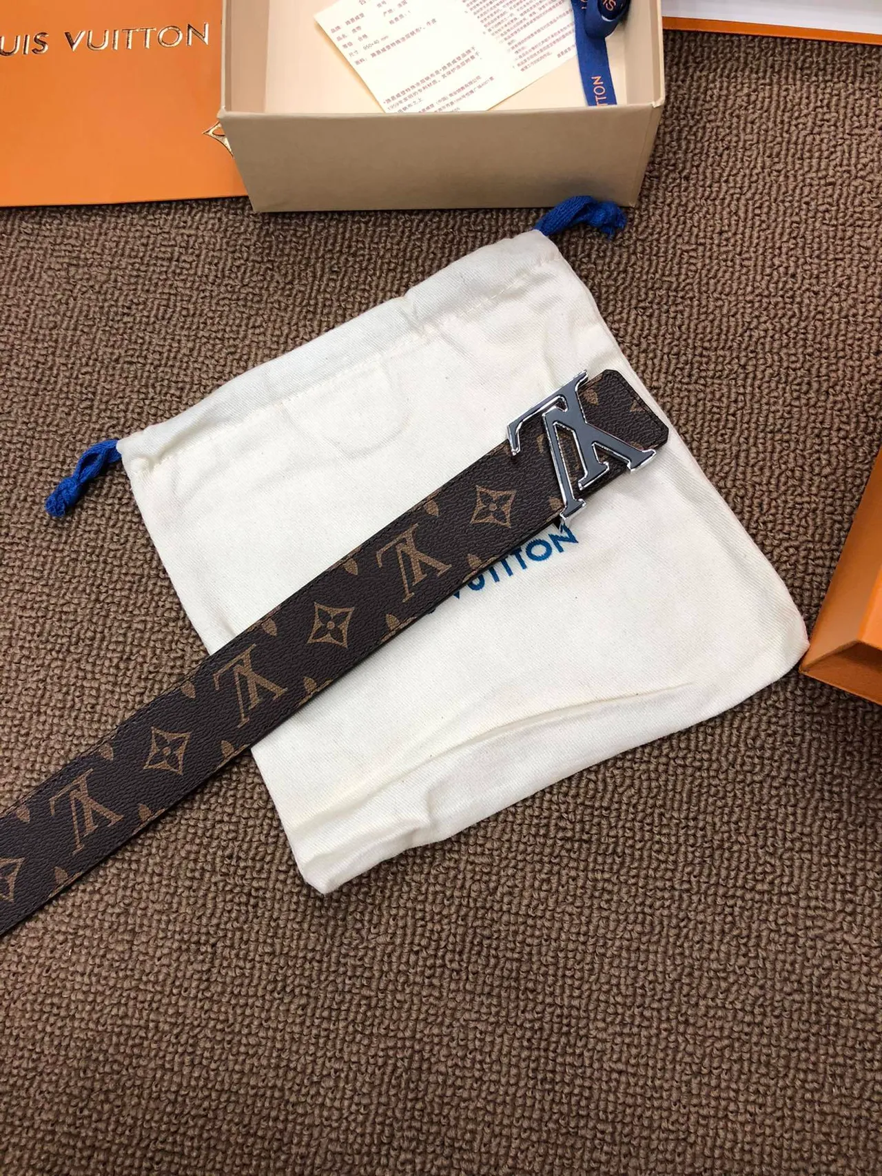 Louis Vuitton Brown Beige Monogram-Coated Canvas Polished Interlocking LV Buckle Leather Belt 4