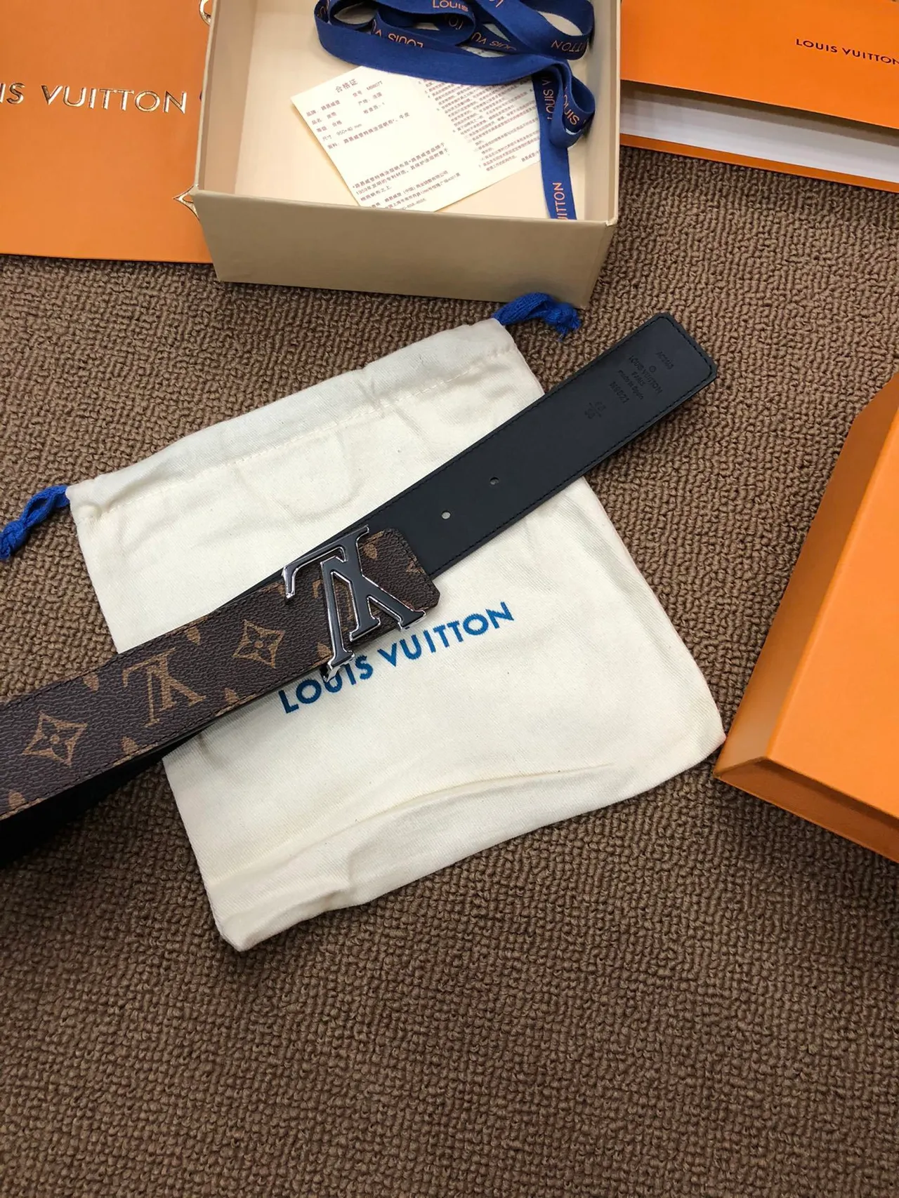 Louis Vuitton Brown Beige Monogram-Coated Canvas Polished Interlocking LV Buckle Leather Belt 5