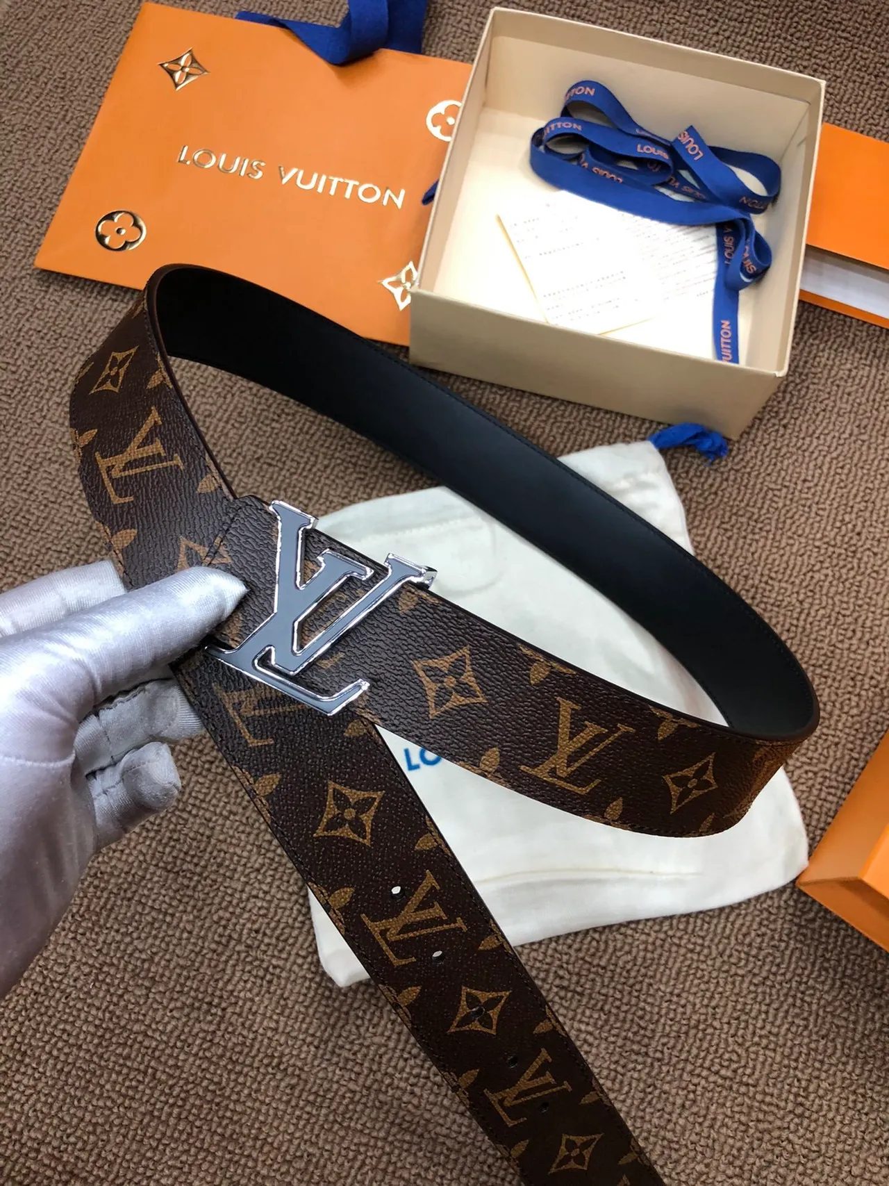 Louis Vuitton Brown Beige Monogram-Coated Canvas Polished Interlocking LV Buckle Leather Belt 6