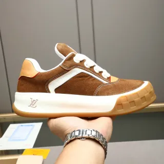 Louis Vuitton Brown Beige Suede Upper Contrast-Stitched Paneling Lifestyle Sneakers