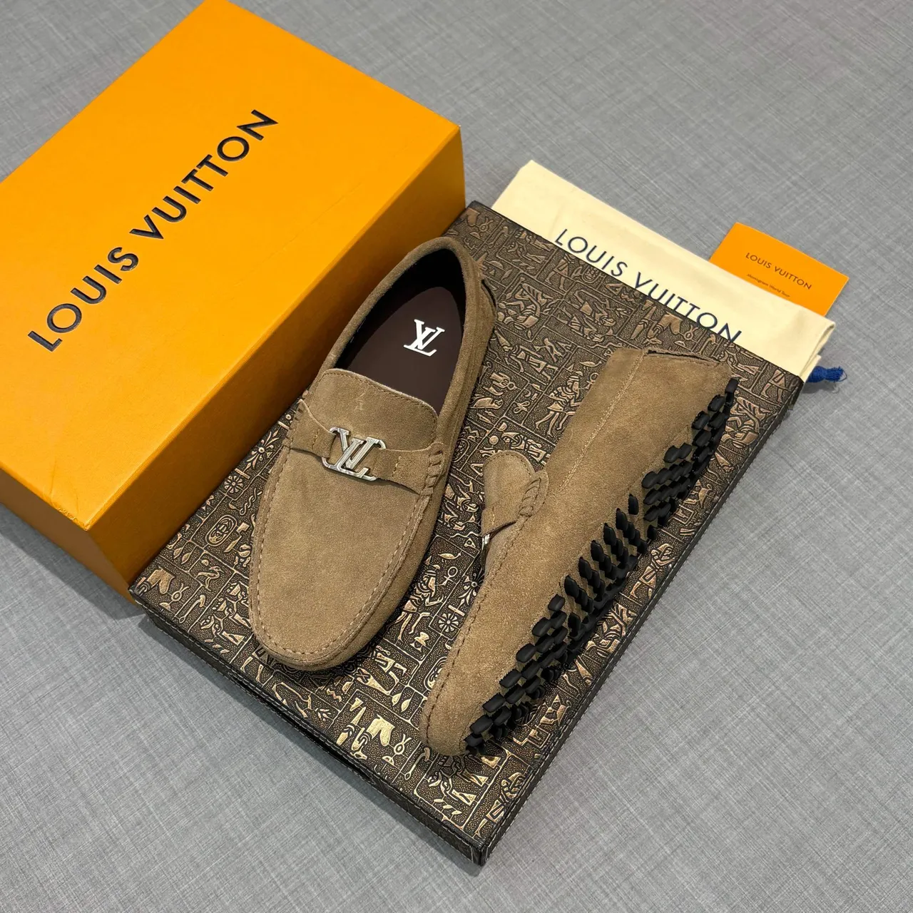Louis Vuitton Brown Beige Suede Upper LV Monogram Buckle Loafer 2