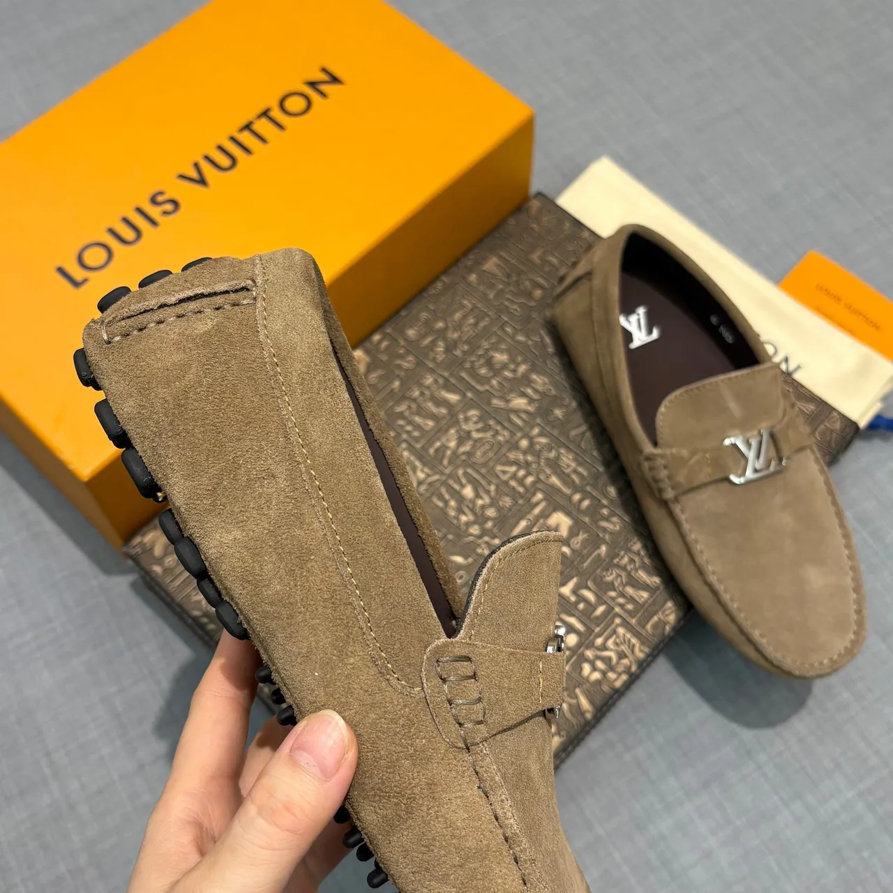 Louis Vuitton Brown Beige Suede Upper LV Monogram Buckle Loafer 3