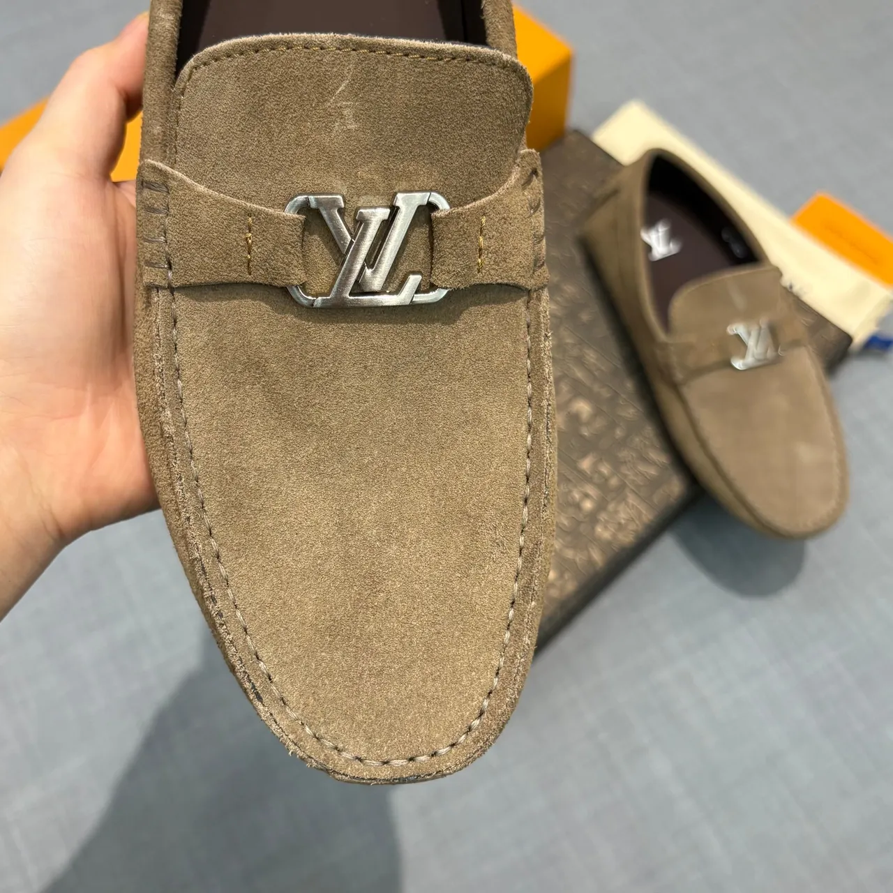 Louis Vuitton Brown Beige Suede Upper LV Monogram Buckle Loafer 4