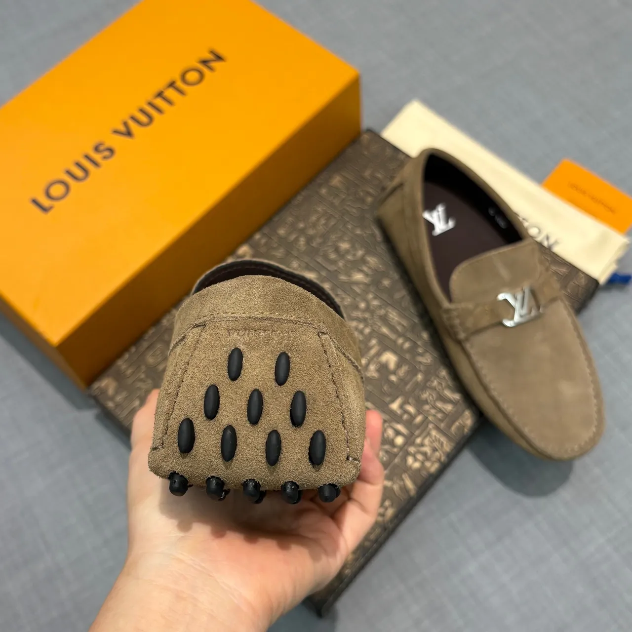 Louis Vuitton Brown Beige Suede Upper LV Monogram Buckle Loafer 5