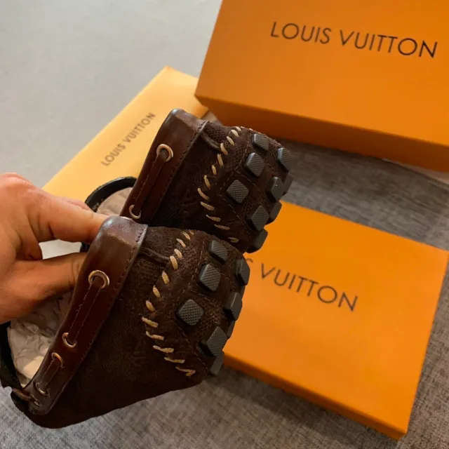 Louis Vuitton Brown Beige Woven Monogram Canvas Contrast Whipstitching Loafer 5