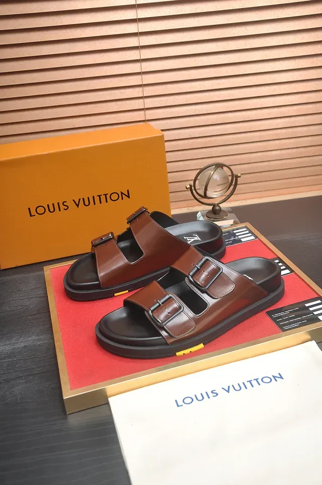 Sandales Louis Vuitton Cuir Marron Noir Sangle Double Boucle Casual 4