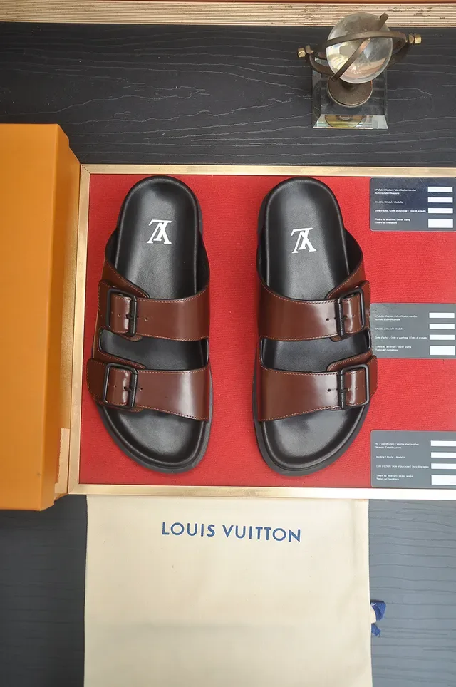 Sandales Louis Vuitton Cuir Marron Noir Sangle Double Boucle Casual 5