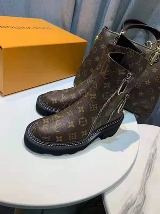 Louis Vuitton Brown Black Monogram Canvas Dual-Zipper Ankle Boots 7