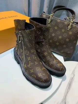 Louis Vuitton Brown Black Monogram Canvas Dual-Zipper Ankle Boots 9