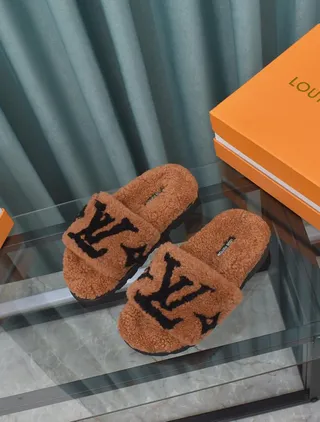 Louis Vuitton Brown Black Plush Shearling Upper Monogram-Embroidered Strap Slippers 2