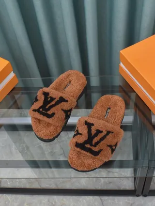 Louis Vuitton Brown Black Plush Shearling Upper Monogram-Embroidered Strap Slippers 3