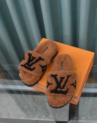 Louis Vuitton Brown Black Plush Shearling Upper Monogram-Embroidered Strap Slippers 4