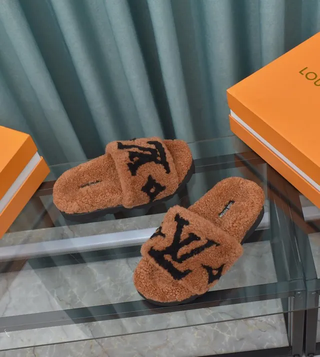 Louis Vuitton Brown Black Plush Shearling Upper Monogram-Embroidered Strap Slippers 5