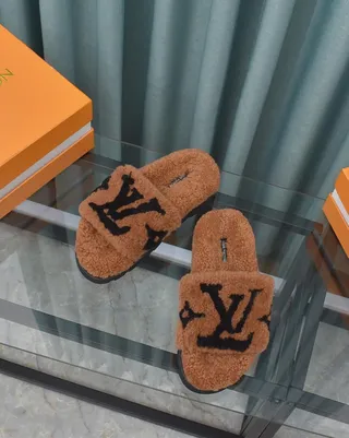 Louis Vuitton Brown Black Plush Shearling Upper Monogram-Embroidered Strap Slippers 6