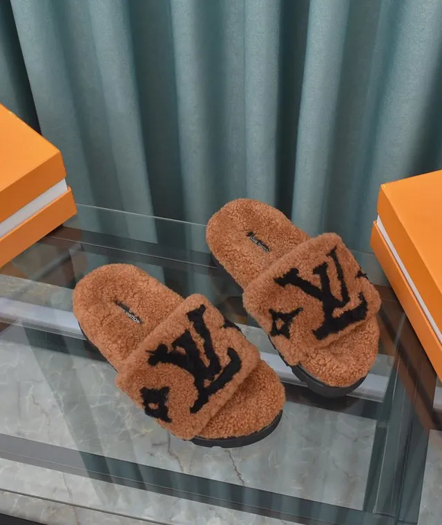 Louis Vuitton Brown Black Plush Shearling Upper Monogram-Embroidered Strap Slippers 8