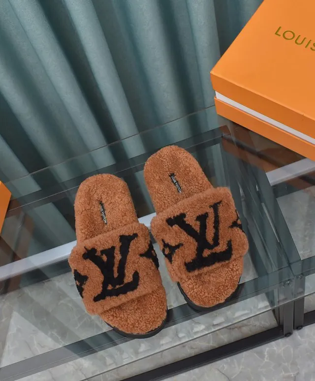 Louis Vuitton Brown Black Plush Shearling Upper Monogram-Embroidered Strap Slippers 9
