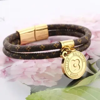 Louis Vuitton Brown Gold Double-Wrap Cord Monogram-Coated Leather Bracelet