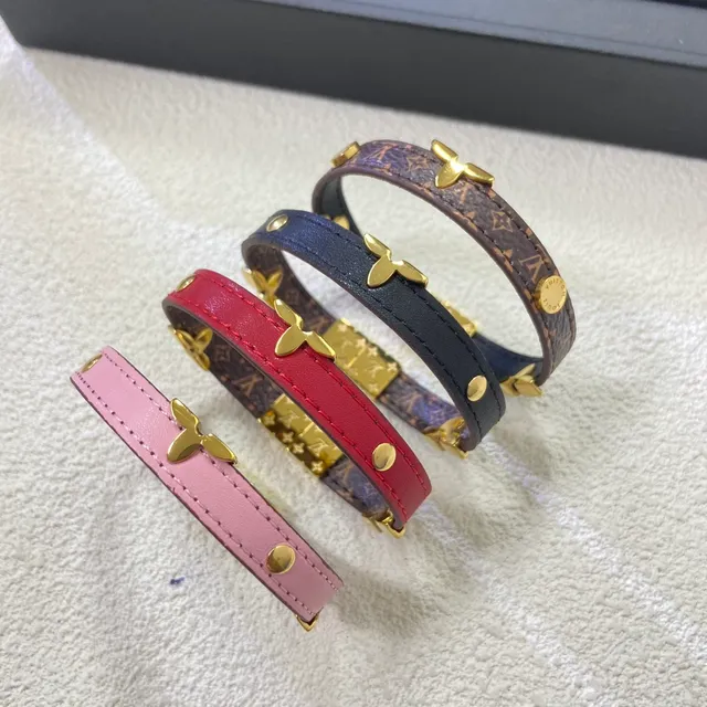 Louis Vuitton Brown Gold Narrow Leather Floral Studs Bracelet 3