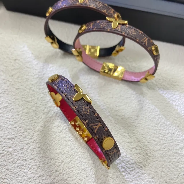 Louis Vuitton Brown Gold Narrow Leather Floral Studs Bracelet 4