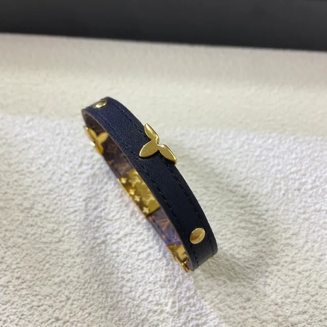 Louis Vuitton Brown Gold Narrow Leather Floral Studs Bracelet 5
