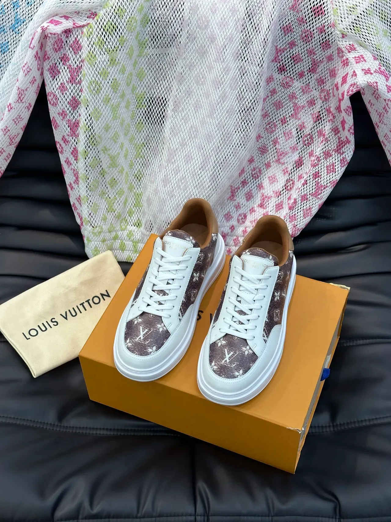 Louis Vuitton Brown White Monogram Canvas Upper Leather Overlays Lifestyle Sneakers 5