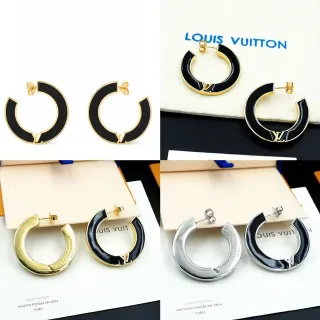 Louis Vuitton C-Shaped Hoop Black Gold Enamel Inlay Earrings