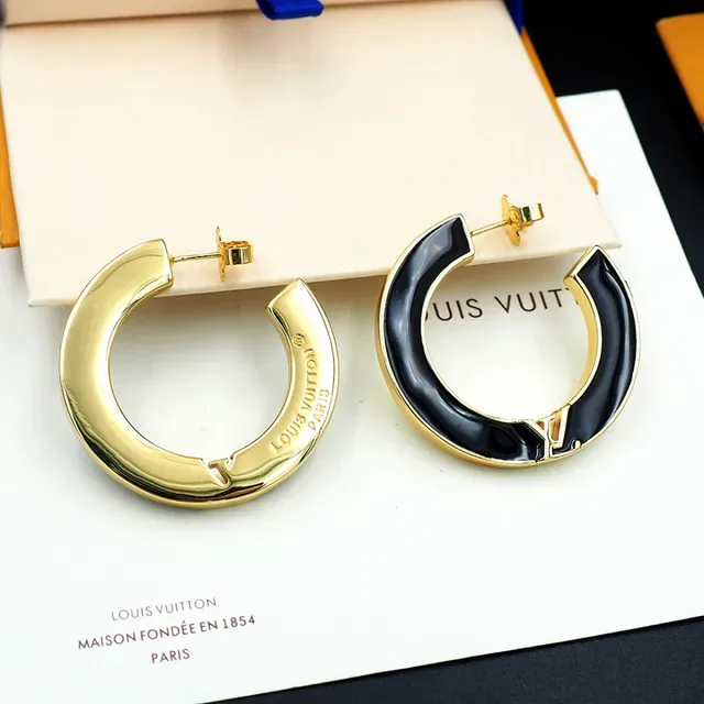 Louis Vuitton C-Shaped Hoop Black Gold Enamel Inlay Earrings 2