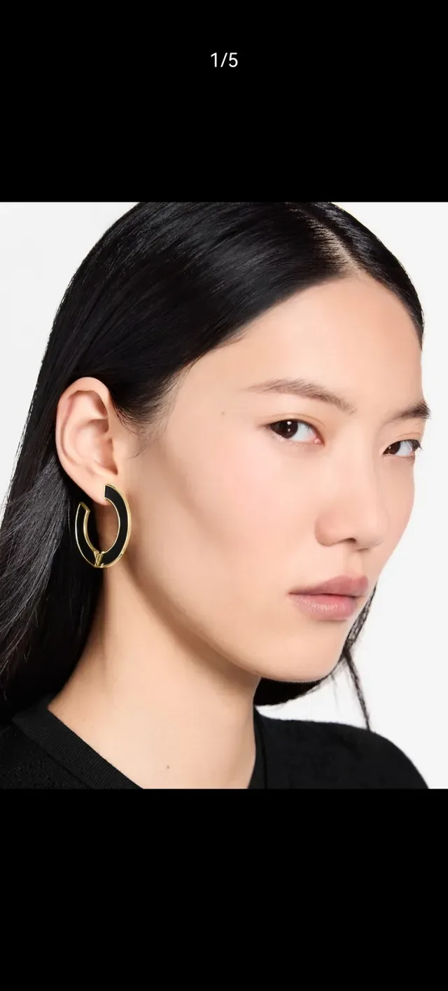 Louis Vuitton C-Shaped Hoop Black Gold Enamel Inlay Earrings 3