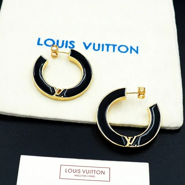 Louis Vuitton C-Shaped Hoop Black Gold Enamel Inlay Earrings 4