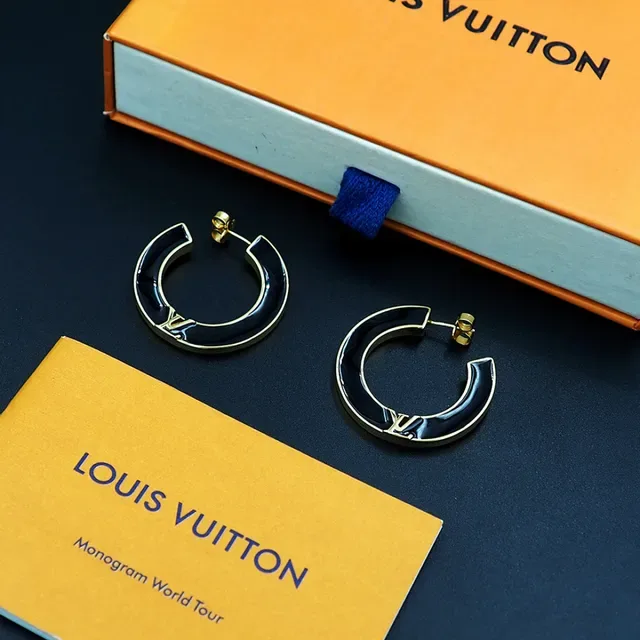 Louis Vuitton C-Shaped Hoop Black Gold Enamel Inlay Earrings 8