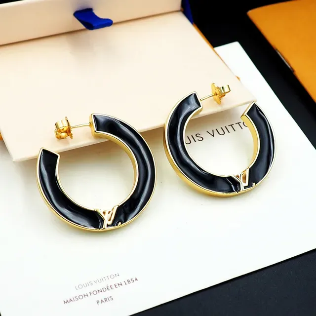 Louis Vuitton C-Shaped Hoop Black Gold Enamel Inlay Earrings 11