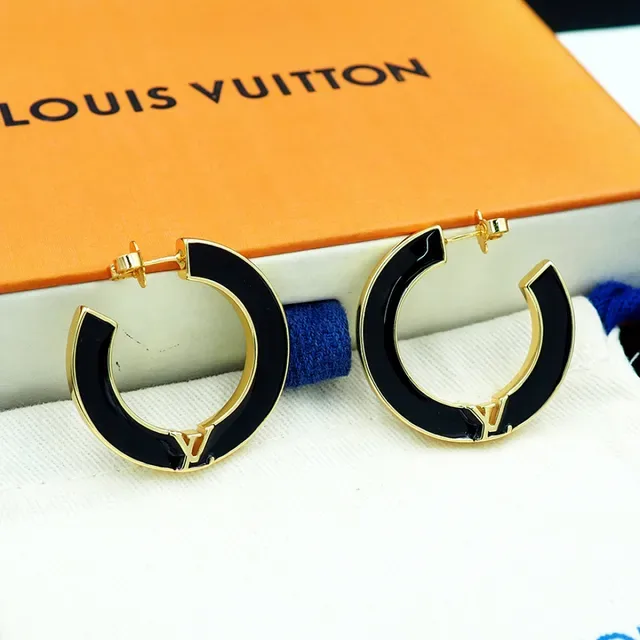 Louis Vuitton C-Shaped Hoop Black Gold Enamel Inlay Earrings 12