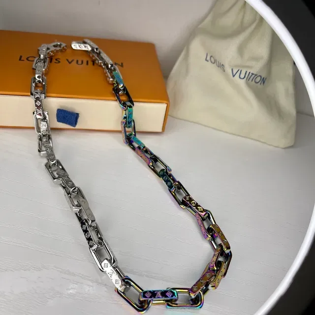 Louis Vuitton Chain Collection Multicolor Silver Chunky Link Iridescent Finish Necklace 5