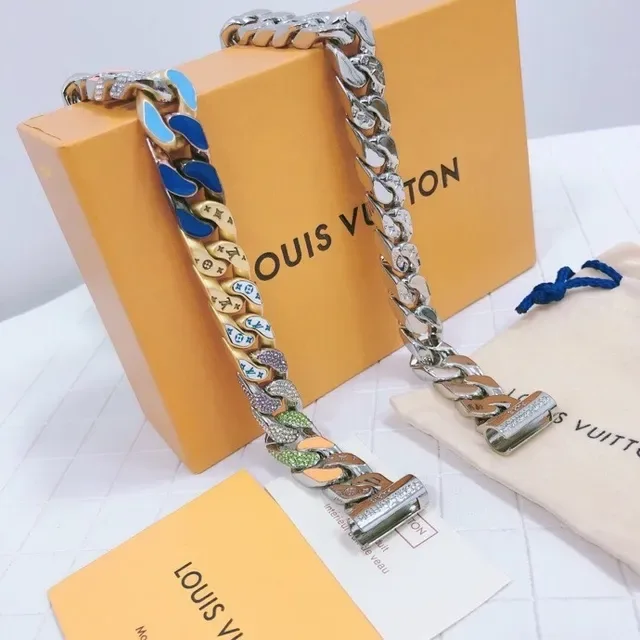 Louis Vuitton Chain Multicolor Silver Chunky Curb-Link Enamel-Accented Bracelet 7